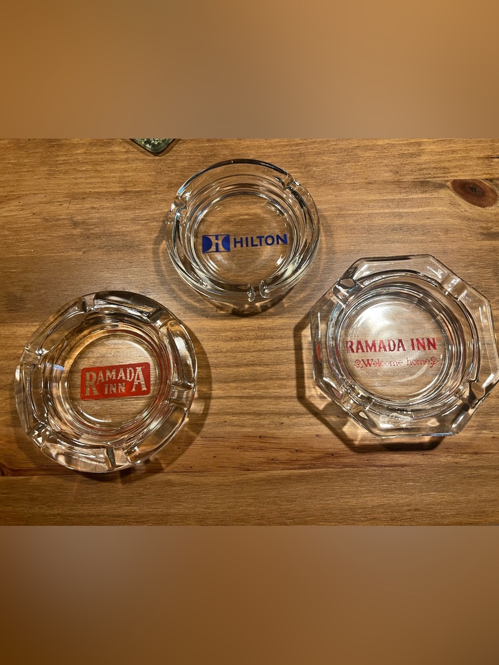 Lot of 3 Hotel Clear Glass Ashtrays - 2 Ramada, 1 Hilton
